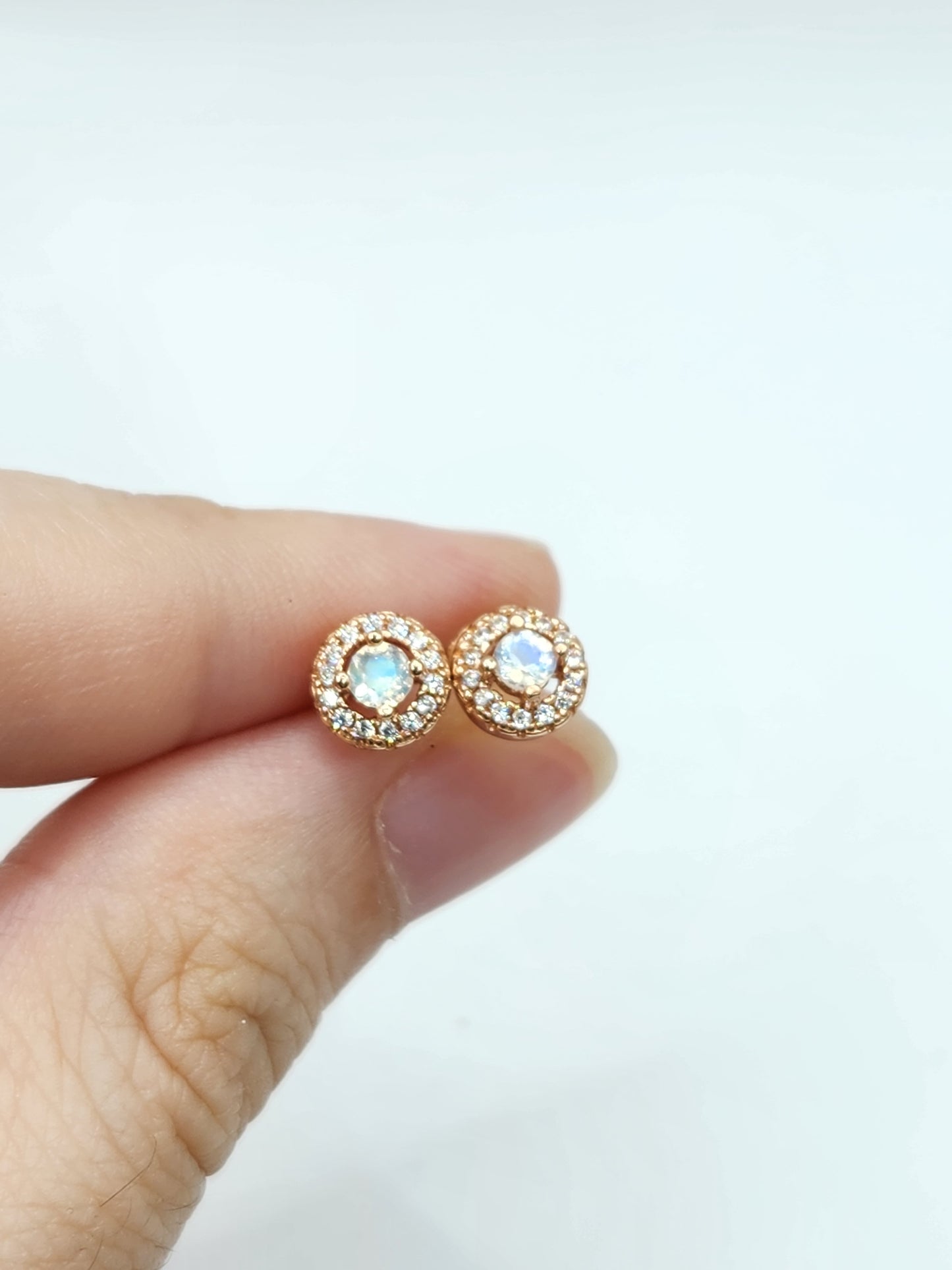 Halo Petite Gem Studs: Emerald, Moissanite, Aquamarine, Moonstone