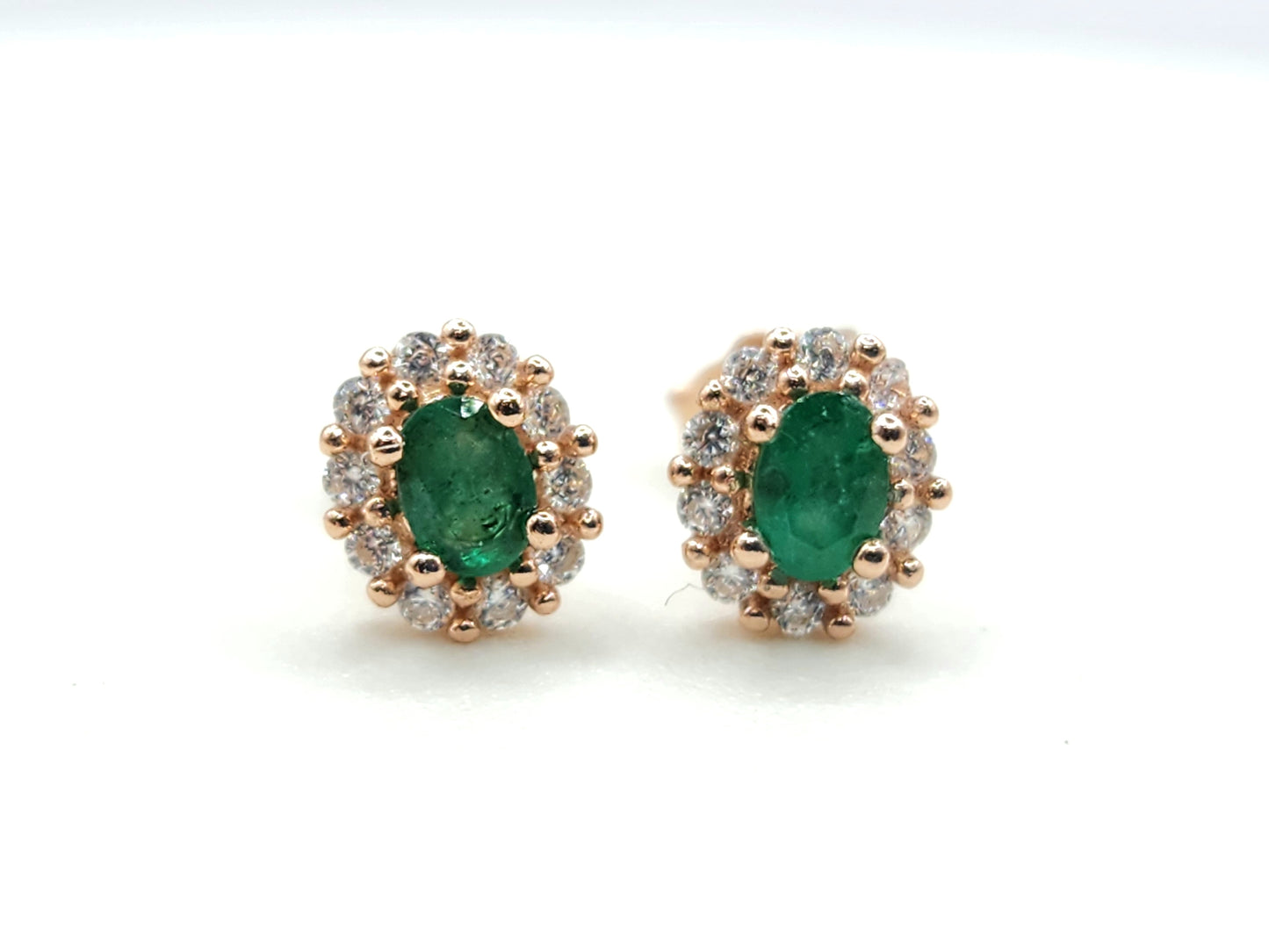 Natural Oval Emerald Halo Rose Gold Demi Fine Ear Studs Studs