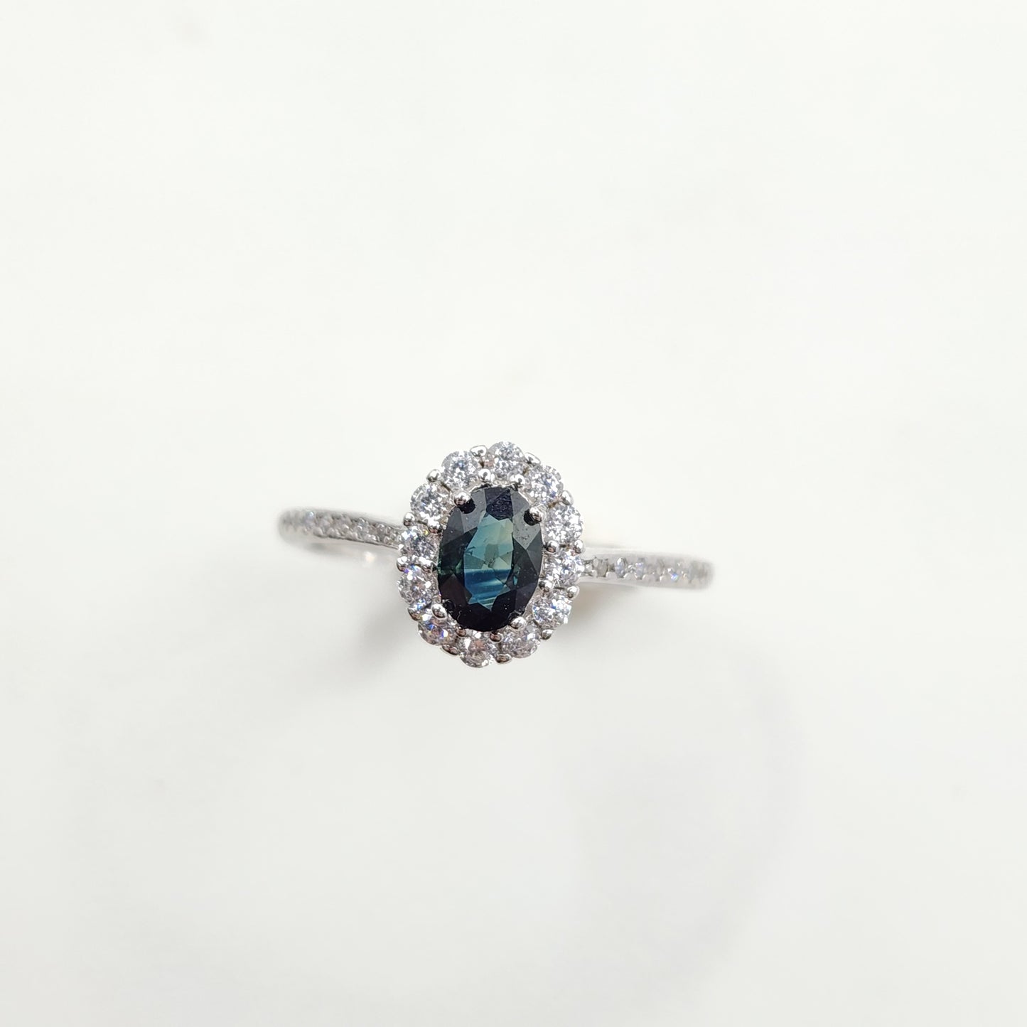 Teal Sapphire Halo Ring White Gold S925