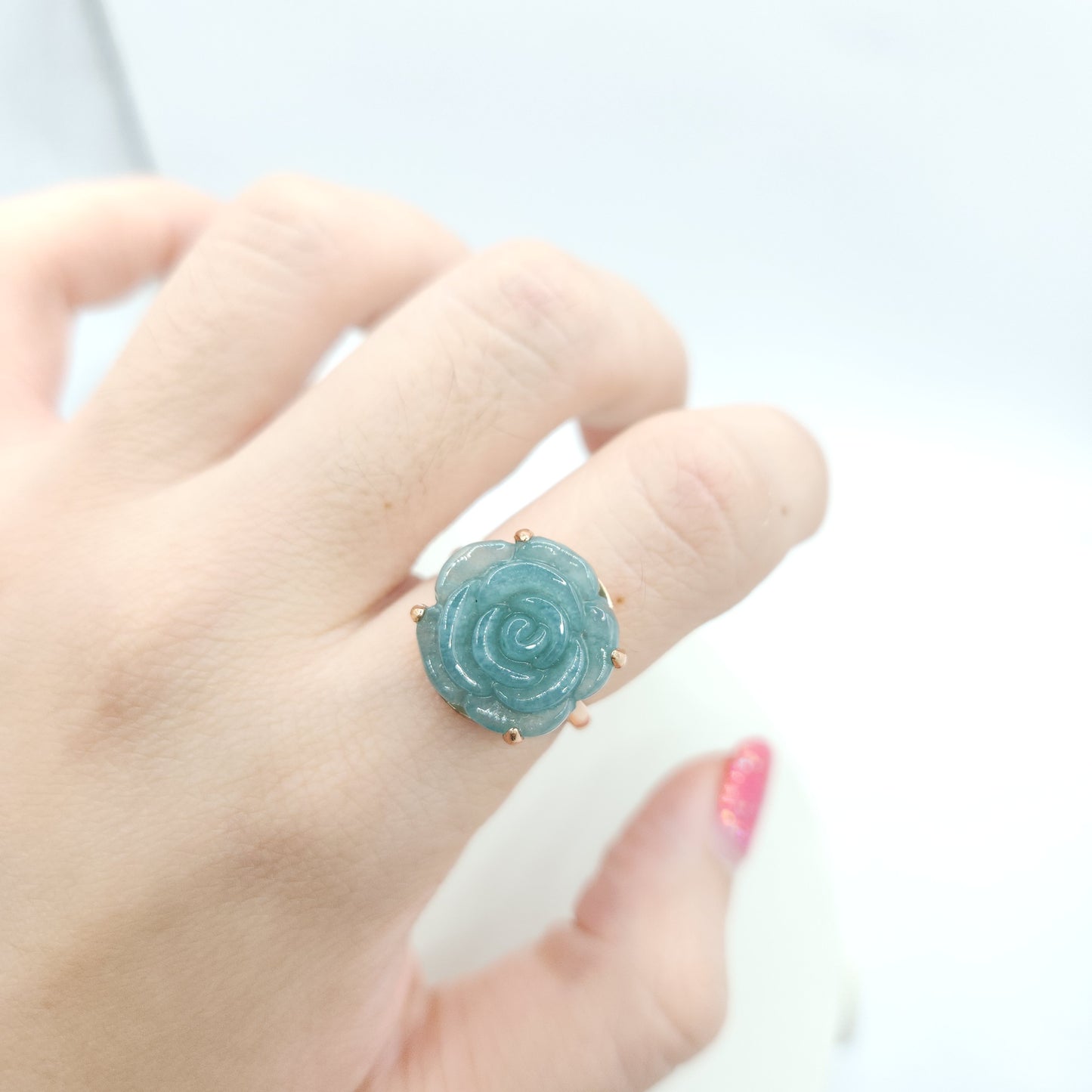 Natural Type A Jadeite Carved Flower Statement Ring in S925 Sterling Silver