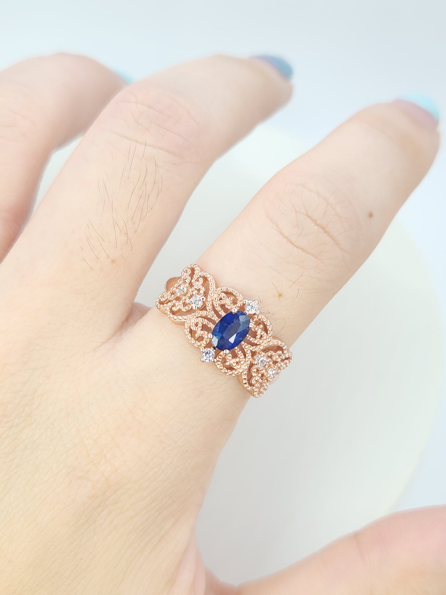 Natural Oval Blue Sapphire (Heated) Vintage Statement Ring in Rose Gold Vermeil