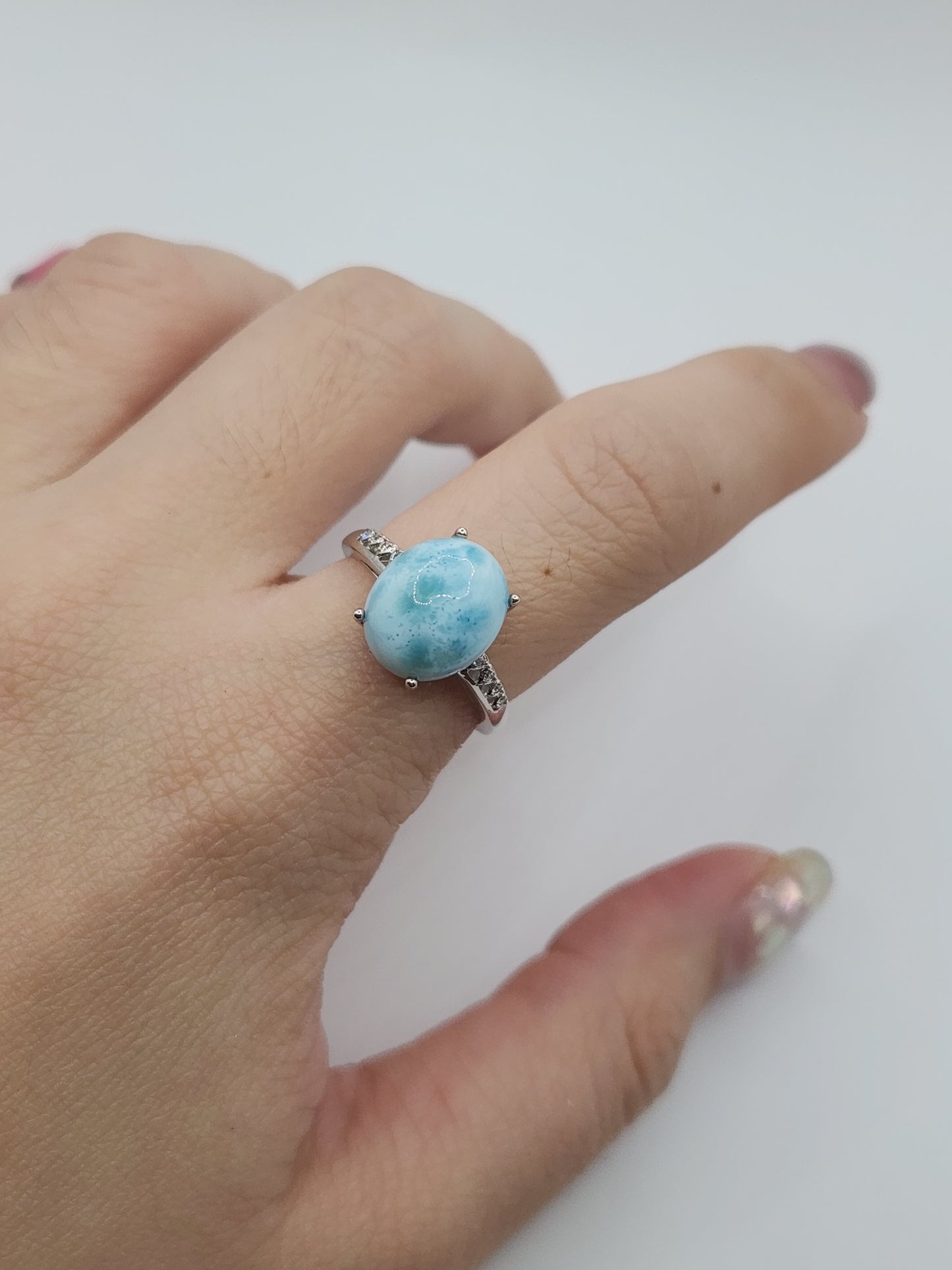 Natural Oval Larimar Ring S925 Silver Design B