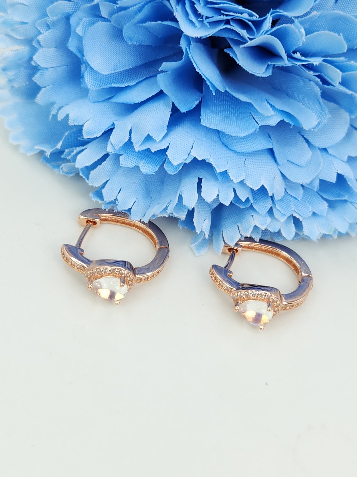 Natural Teardrop Cabachon Moonstone Ear Huggies in S925 Rose Gold Plated