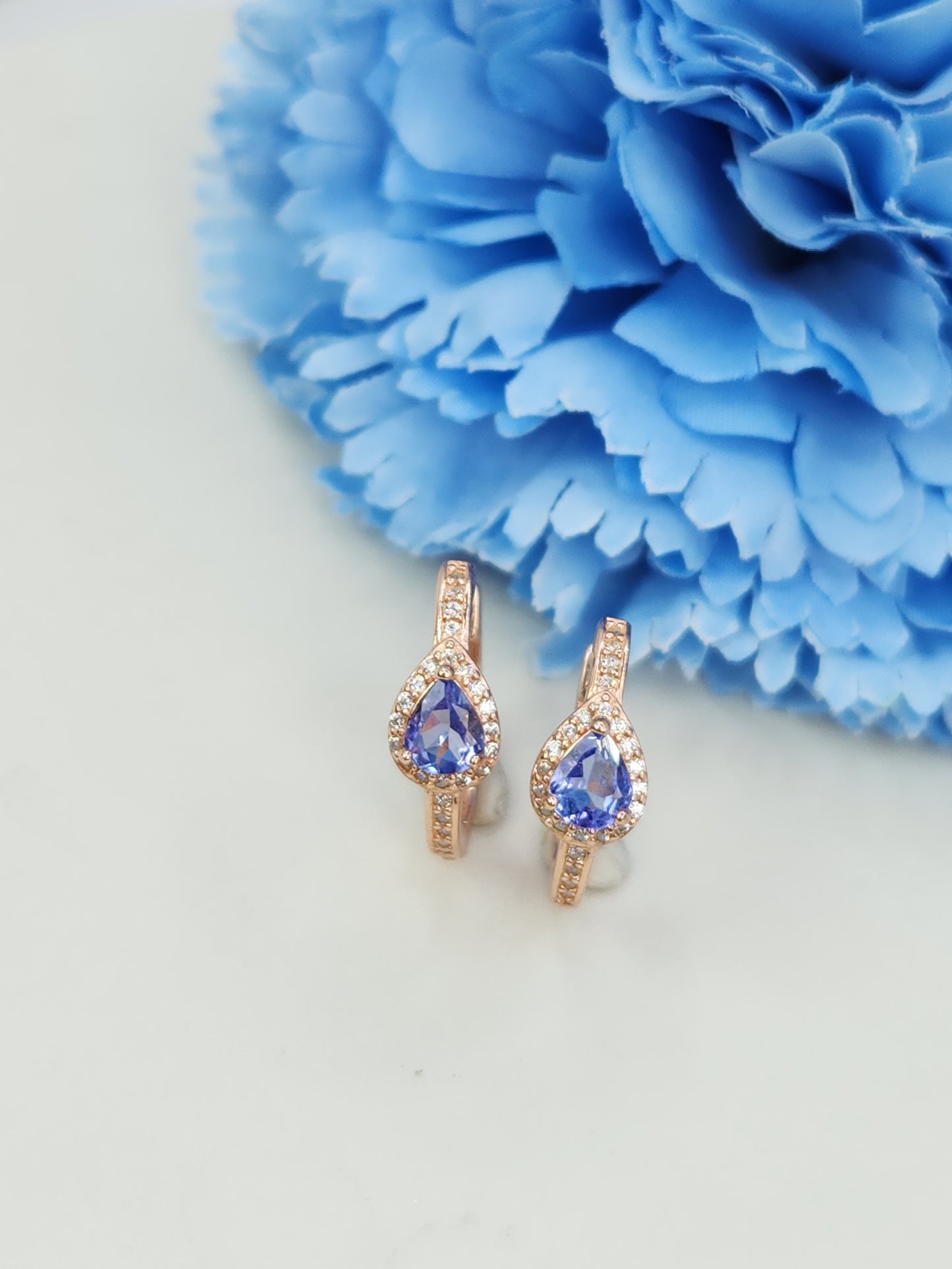 Natural Teardrop Tanzanite Ear Huggies in S925 Rose Gold Vermeil