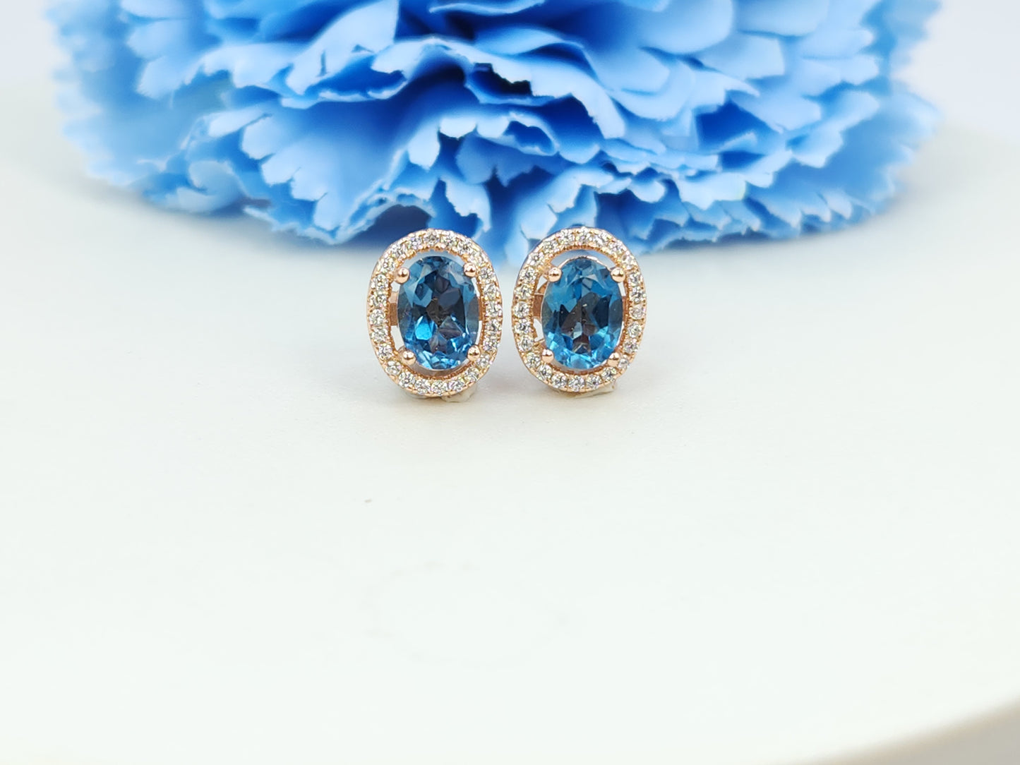 London Blue Topaz Halo Stud-Rose Gold S925