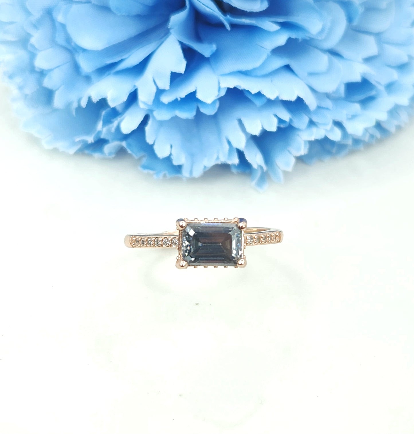 Emerald Cut Grey Moissanite-Rose Gold Paved Classic Solitaire Ring