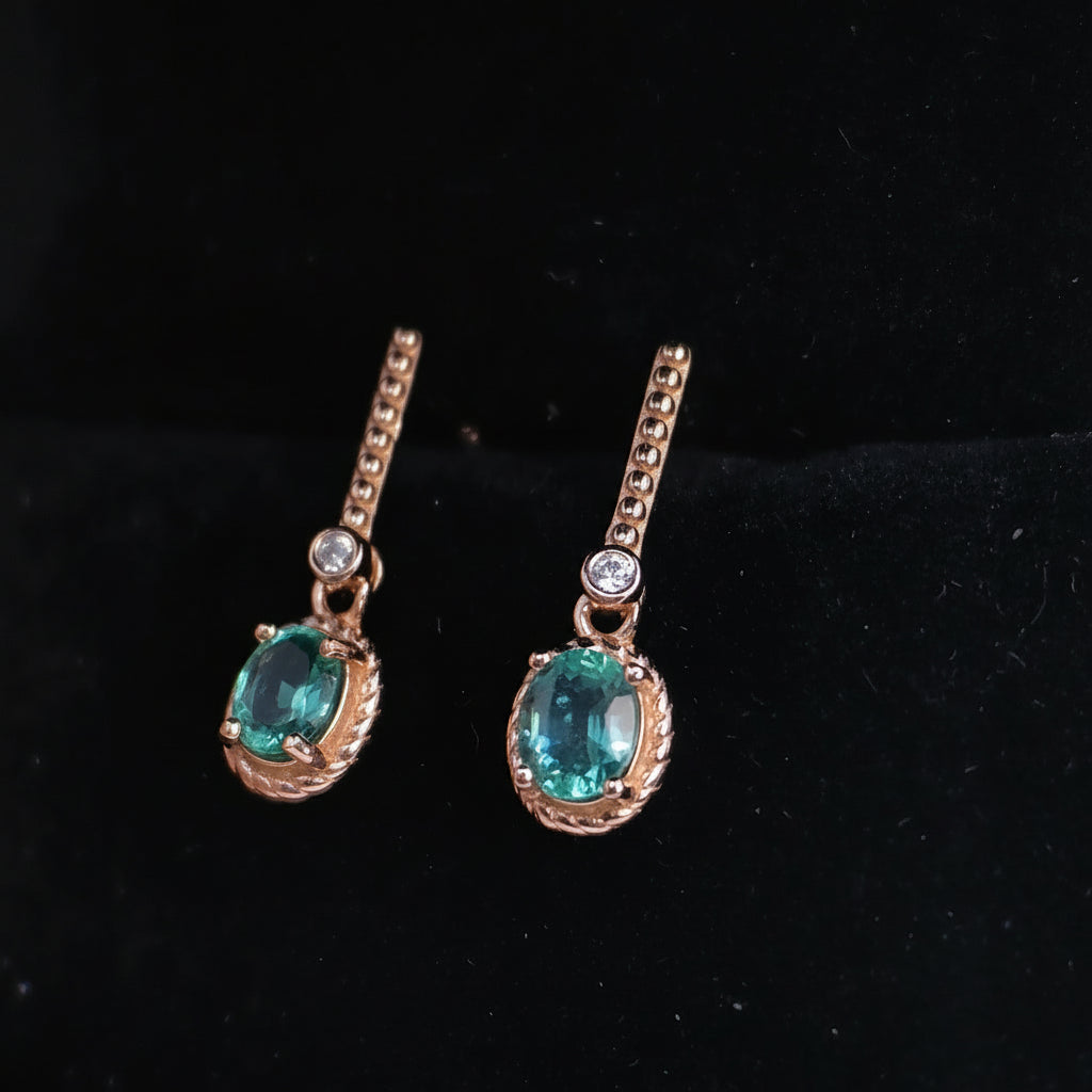 Natural Oval Emerald Long Dangle Ear Studs
