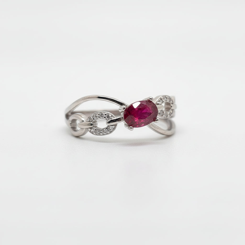 Oval Red Ruby Cross Chain S925 Ring