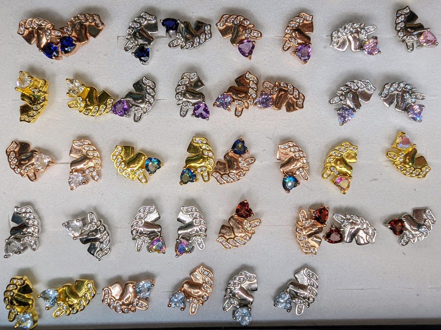 Cute Unicorn Design Ear Studs with Petite Heart Shape Gemstone