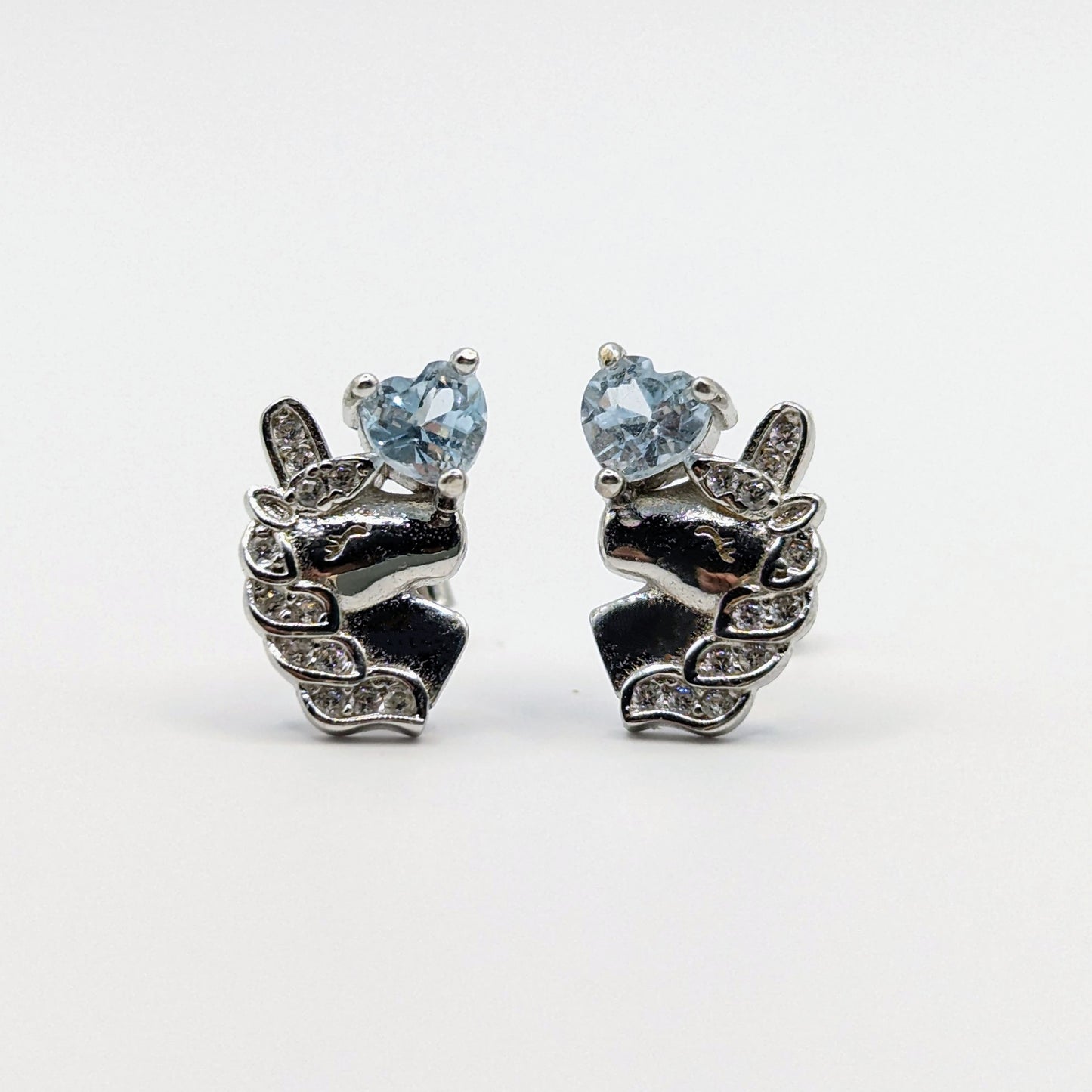 Cute Unicorn Design Ear Studs with Petite Heart Shape Gemstone