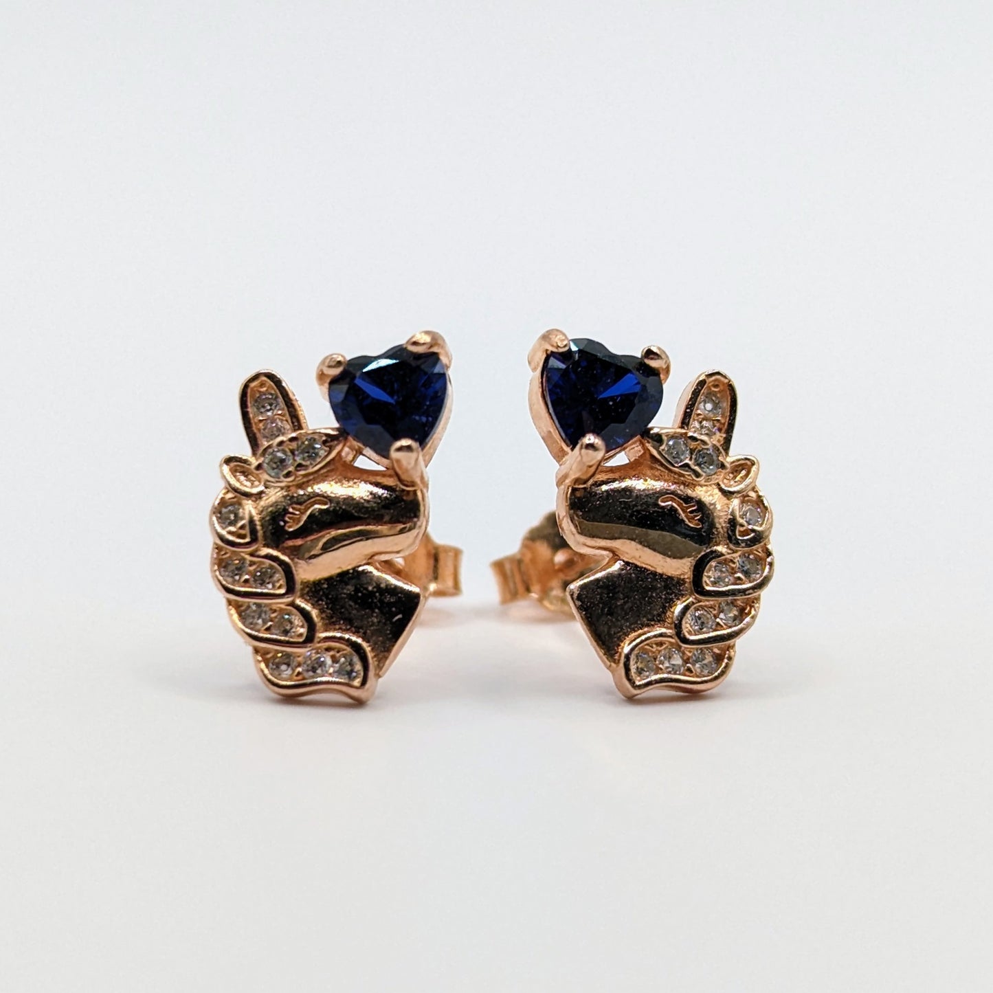 Cute Unicorn Design Ear Studs with Petite Heart Shape Gemstone
