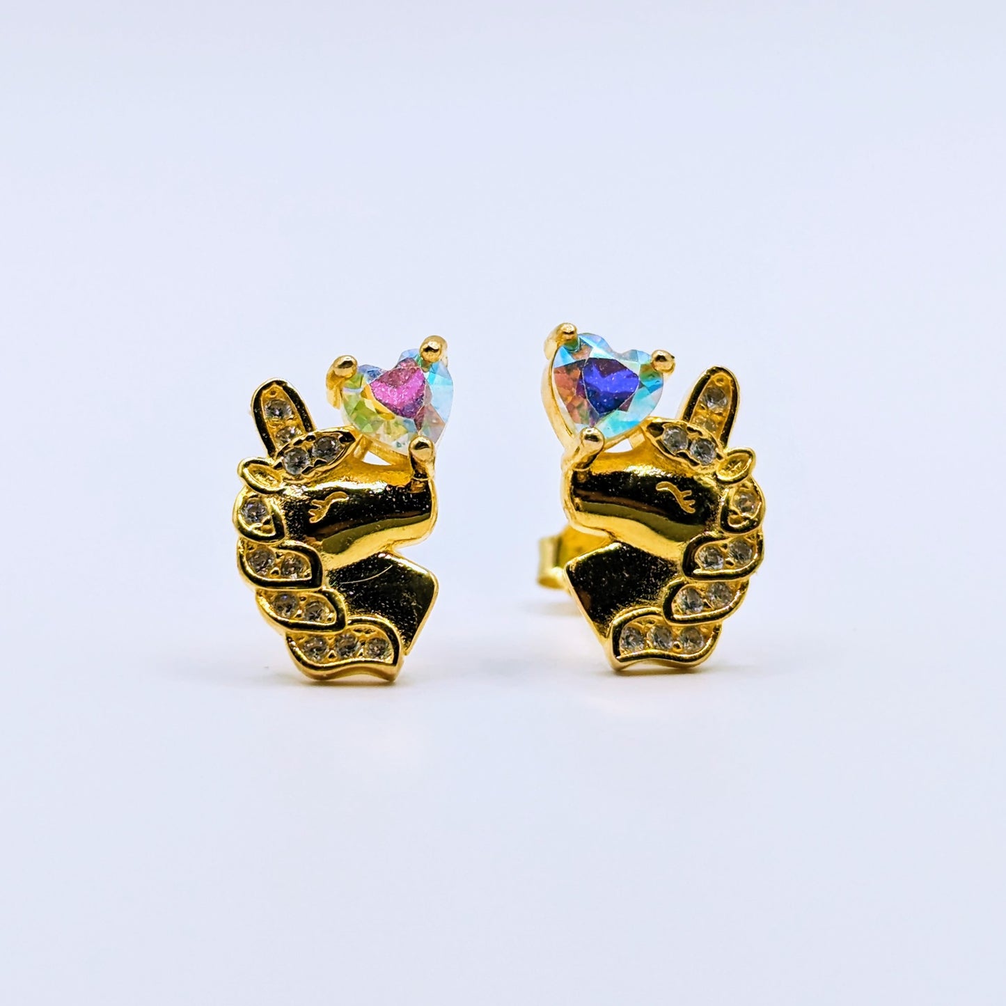 Cute Unicorn Design Ear Studs with Petite Heart Shape Gemstone