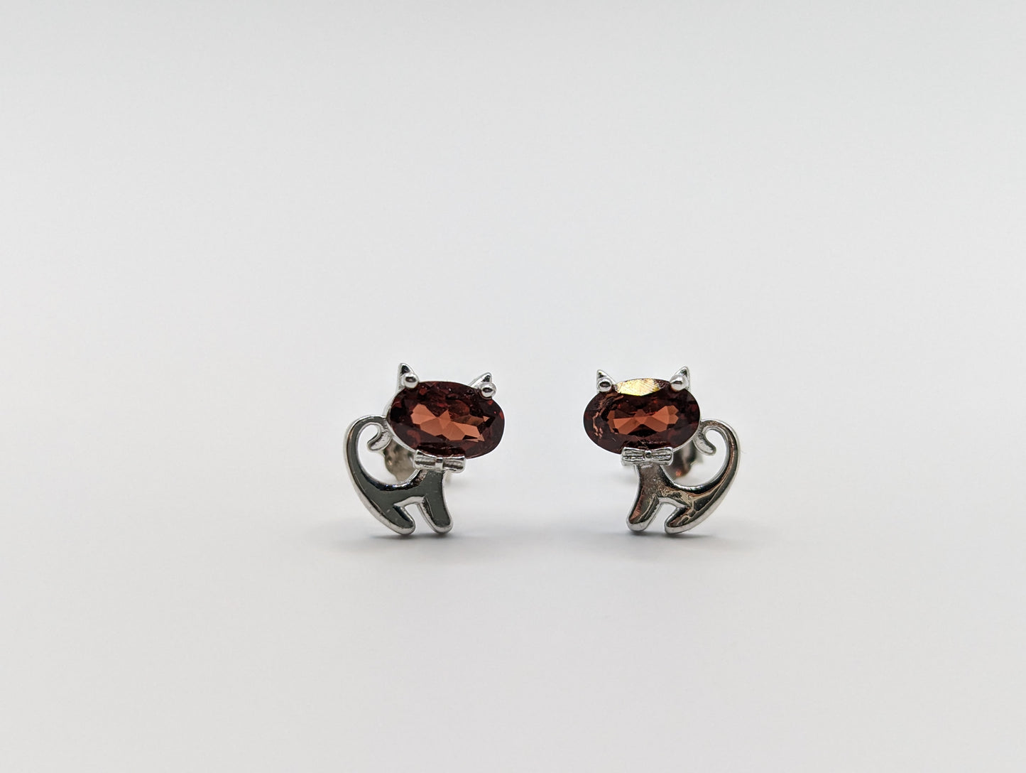 Cute Kitty Cat Ear Studs with Oval Gemstones in S925 Sterling Silver