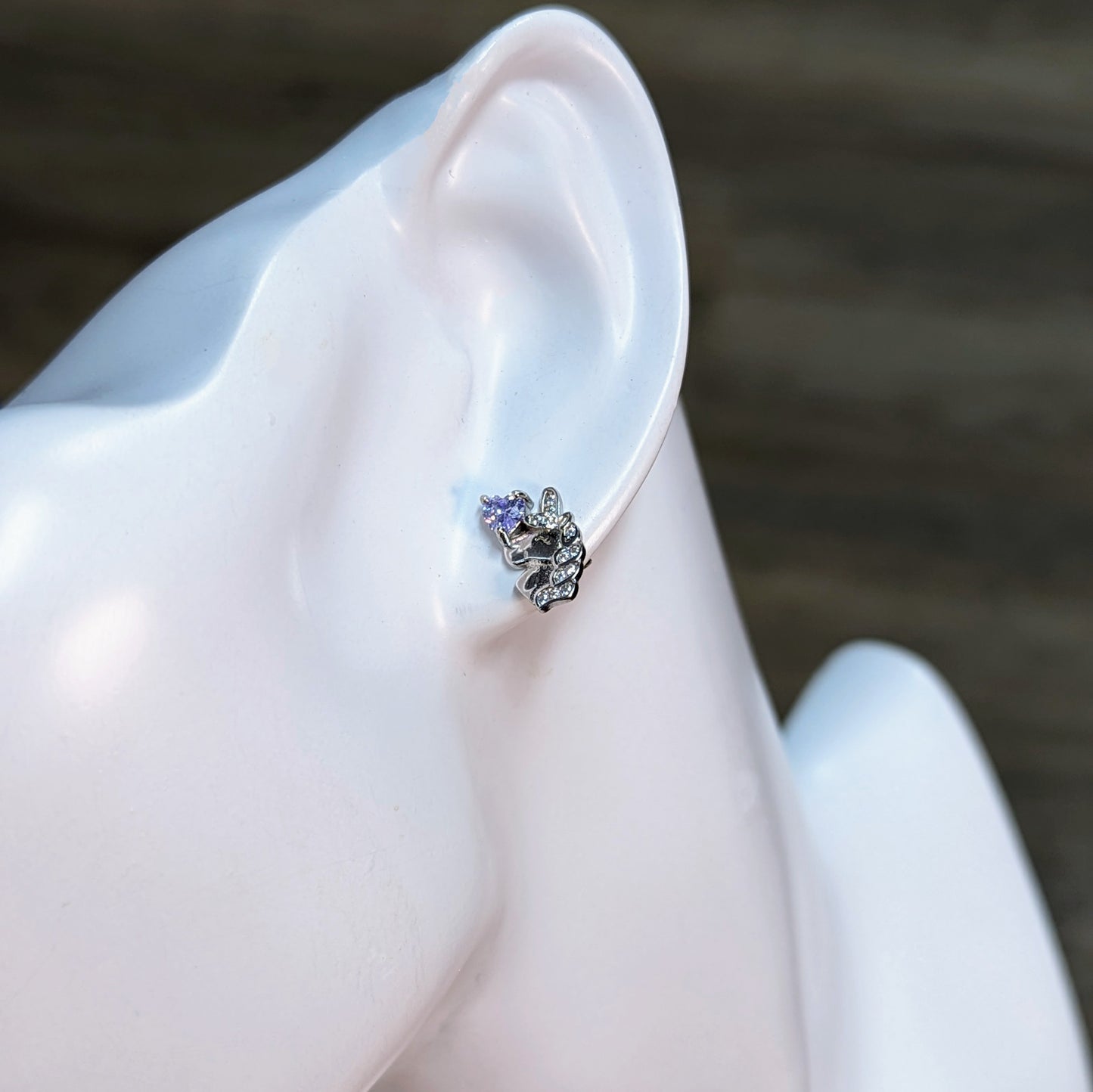 Cute Unicorn Design Ear Studs with Petite Heart Shape Gemstone