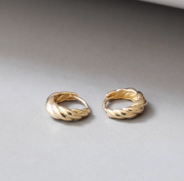 French Croissant Solid 10K Yellow Gold Ear Huggie Hoops