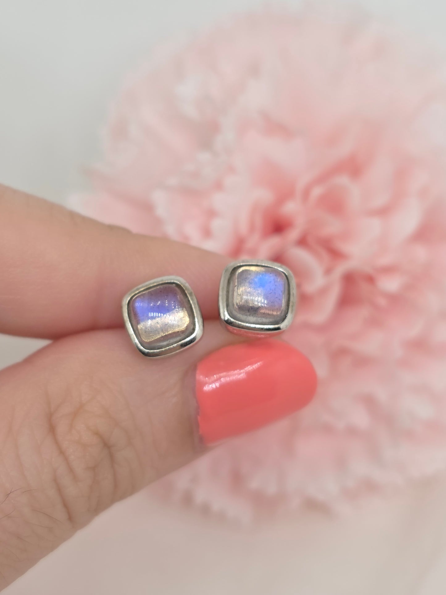 Natural Blue Sheen Labradorite Bezel Demi Fine Ear Studs