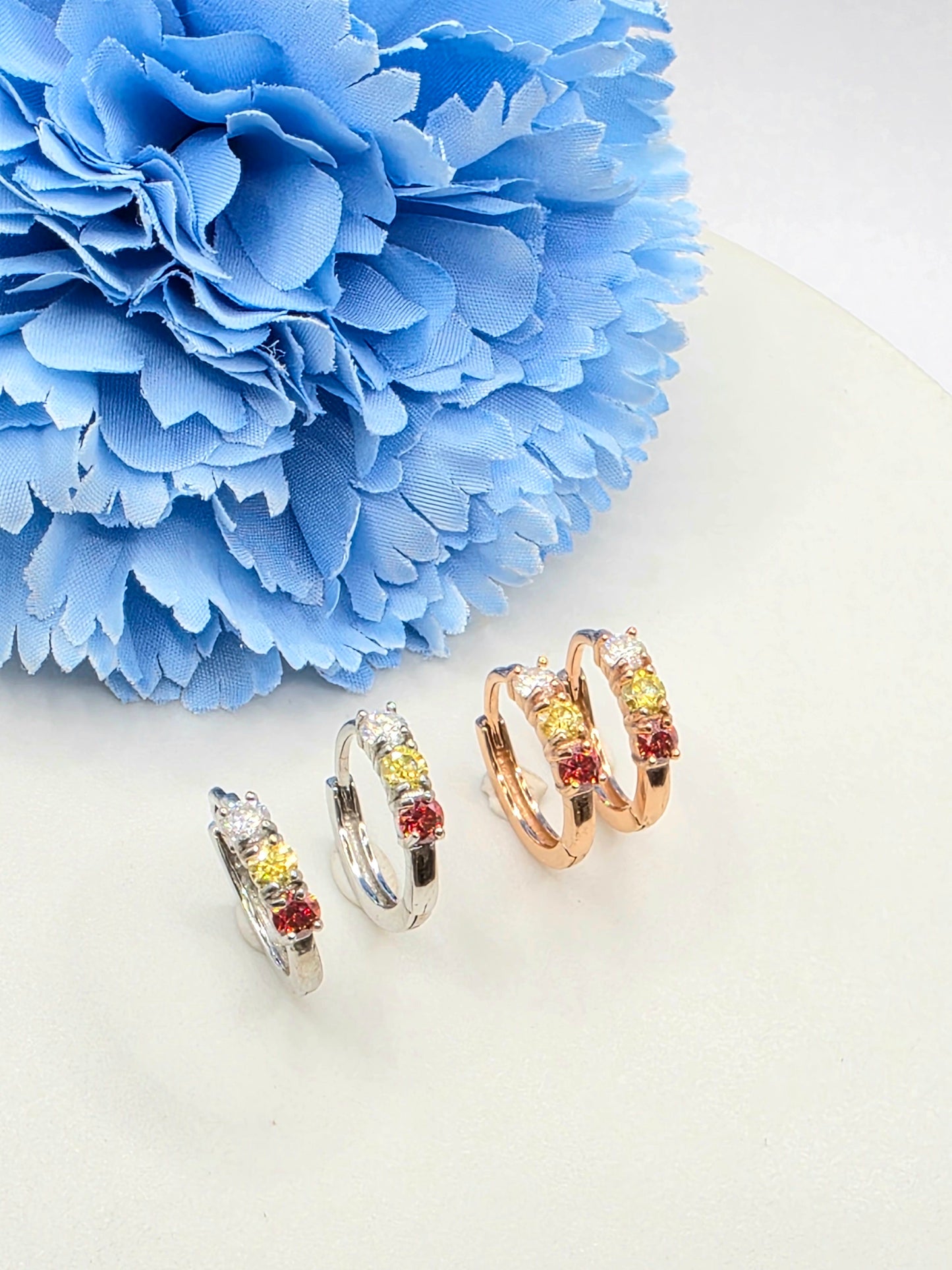 Moissanite Trio Color Ear Huggies in Demi Fine S925 Gold Vermeil Hardware