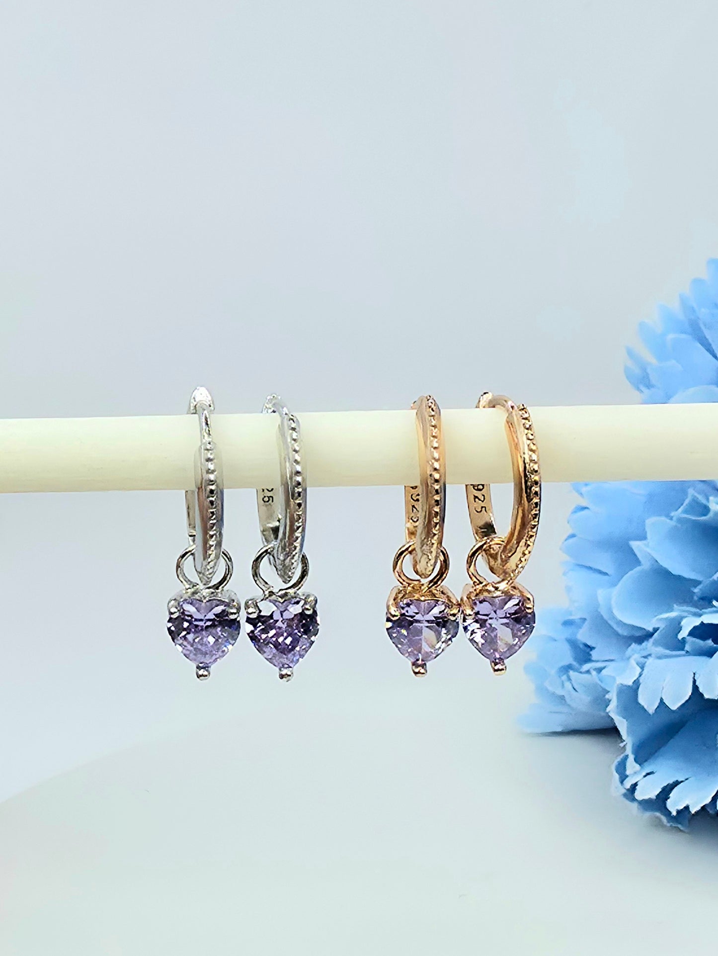 Riley- Heart Lilac Moissanite Ear Huggies in S925 Sterling Silver Gold Vermeil