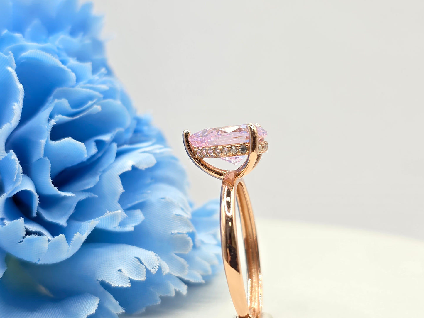 Teardrop 3 Carat Pastel Pink Hidden Halo Ring