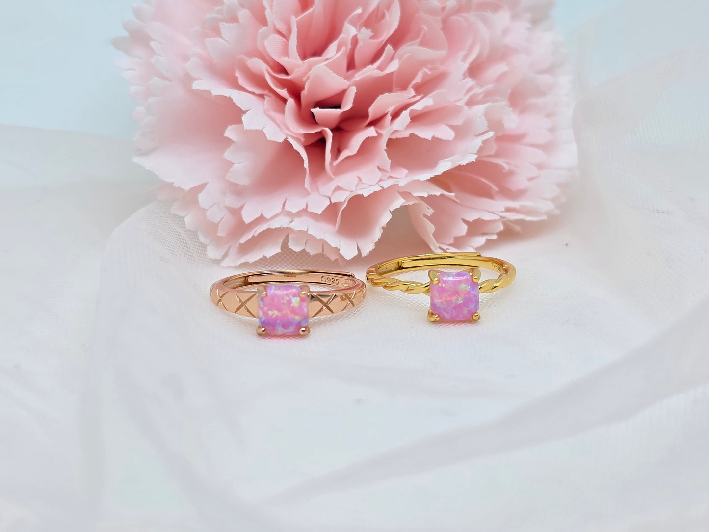 Cushion Pink Labmade Opal Rings