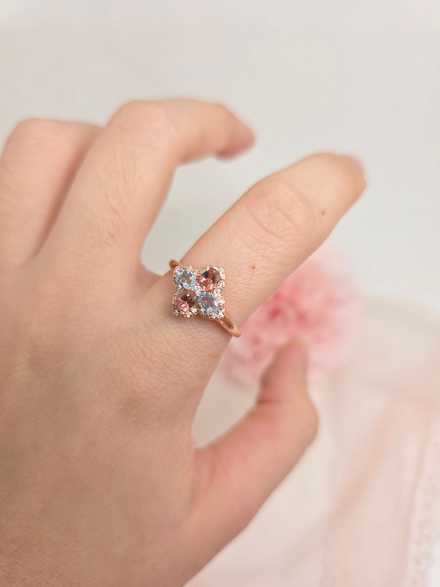 Aquamarine and Pink Tourmaline Clover S925 Rings