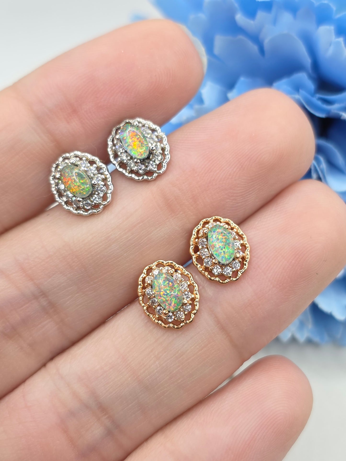 Natural Australian White Opal Vintage Ear Studs in S925 Gold Vermeil