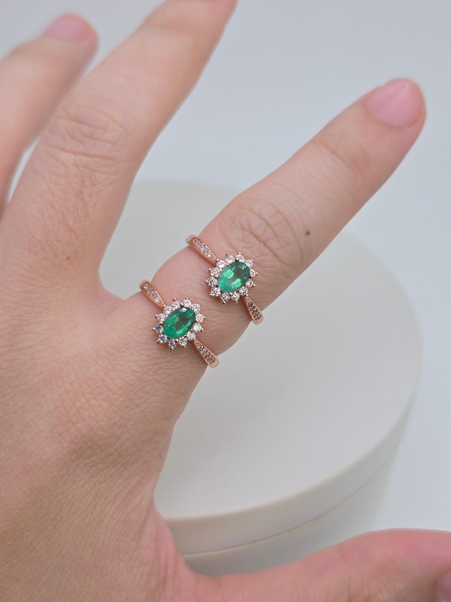 Natural Oval Emerald Halo Paved Ring in S925 Silver Gold Vermeil