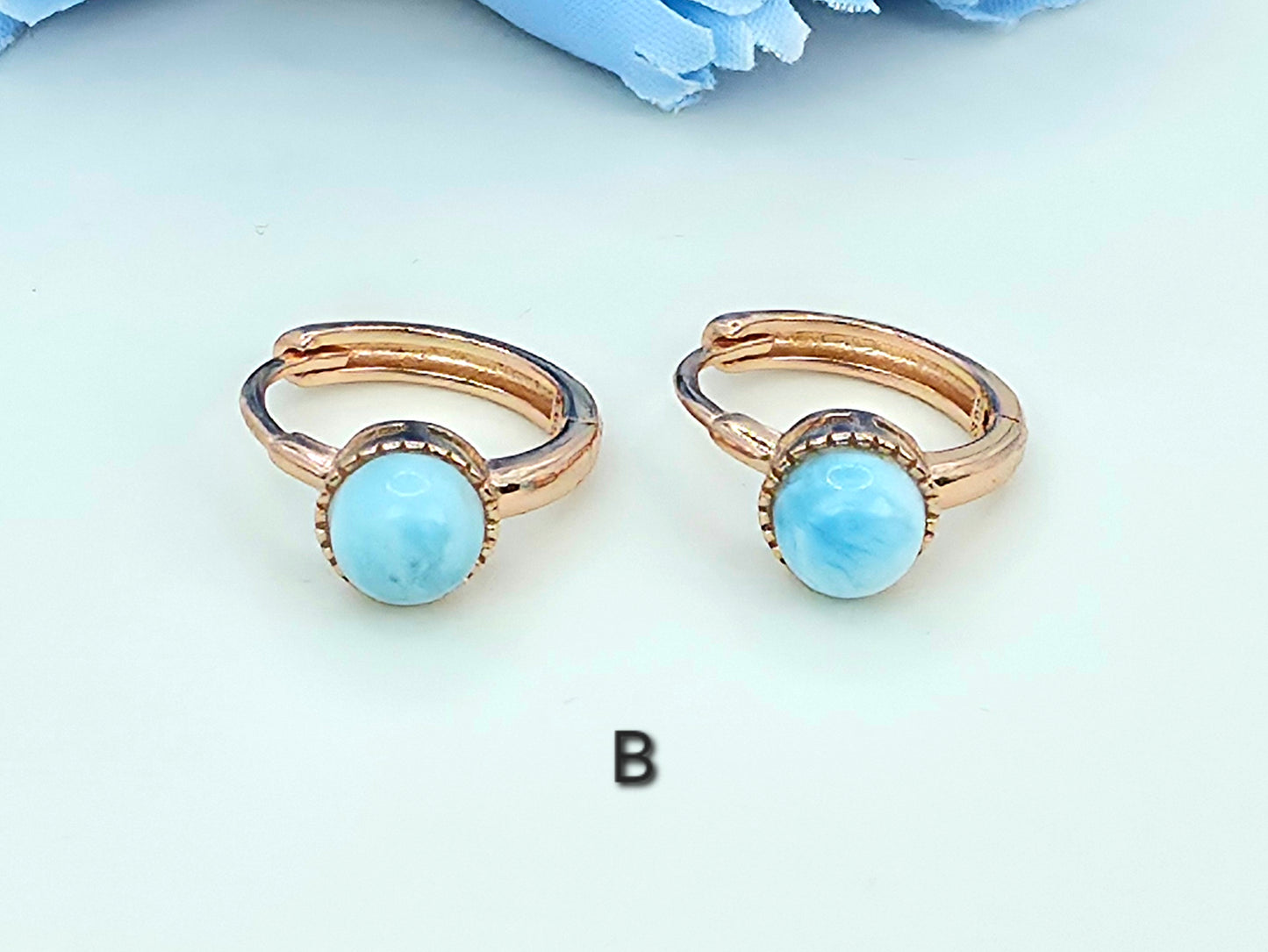 Natural Round Blue Larimar Rose Gold Huggies in S925 Gold Vermeil
