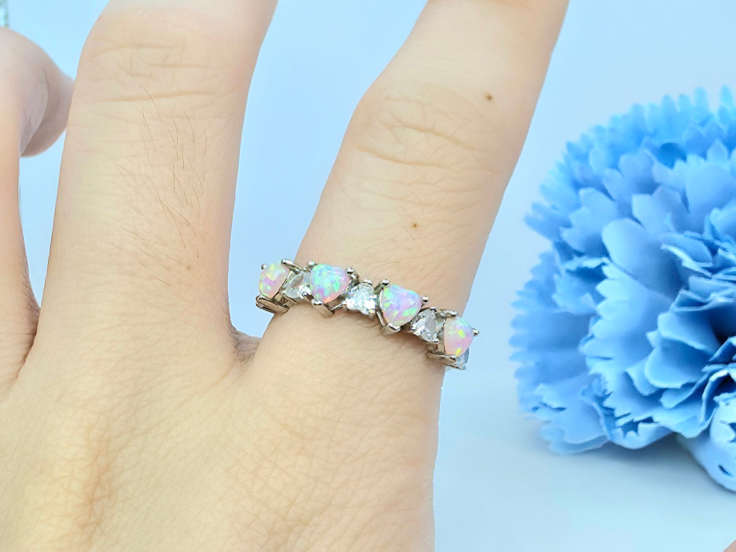Heart Lab Made White Opal Stacker Ring in S925 Silver