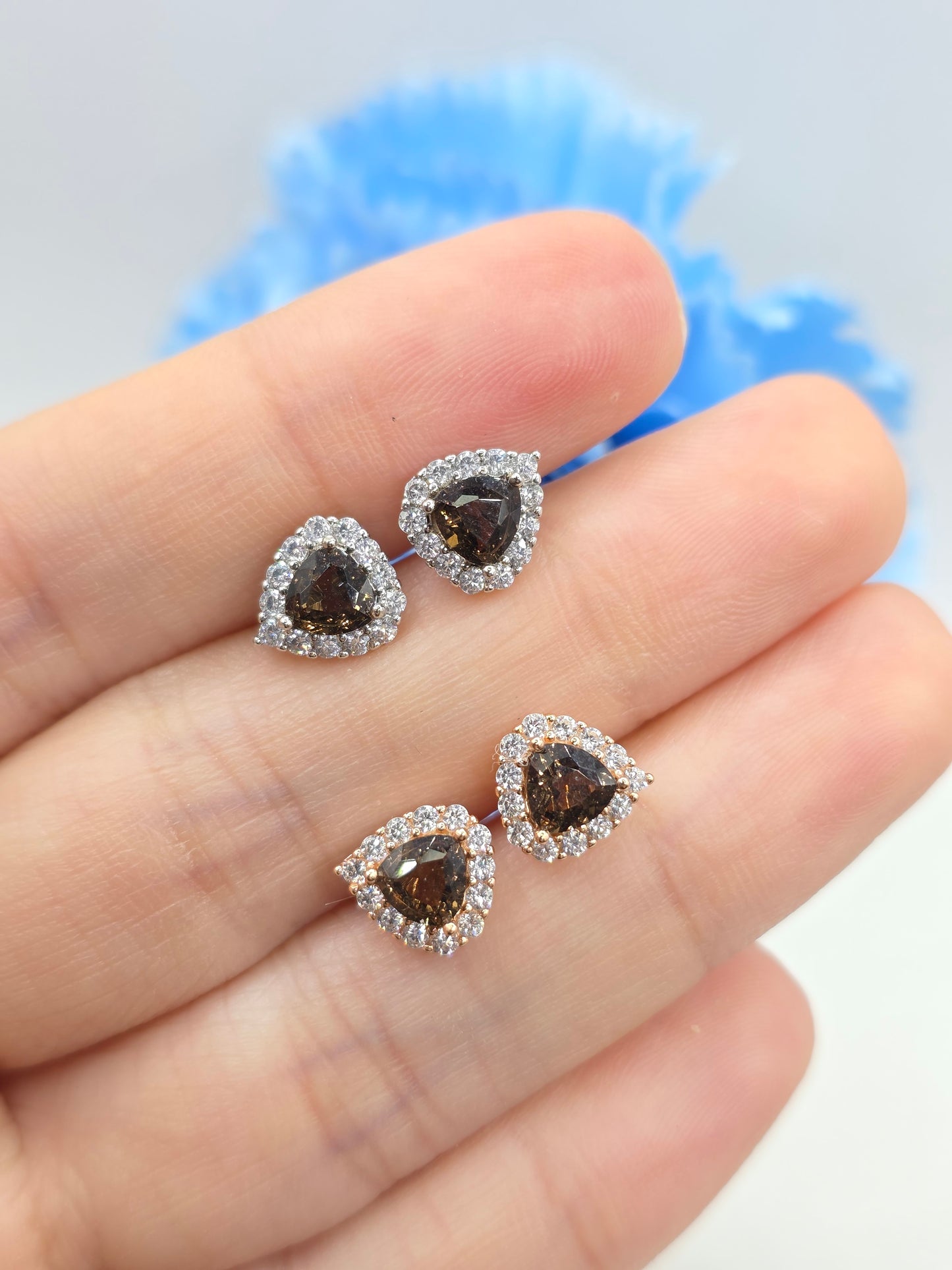 Trillion Smokey Quartz Halo Stud