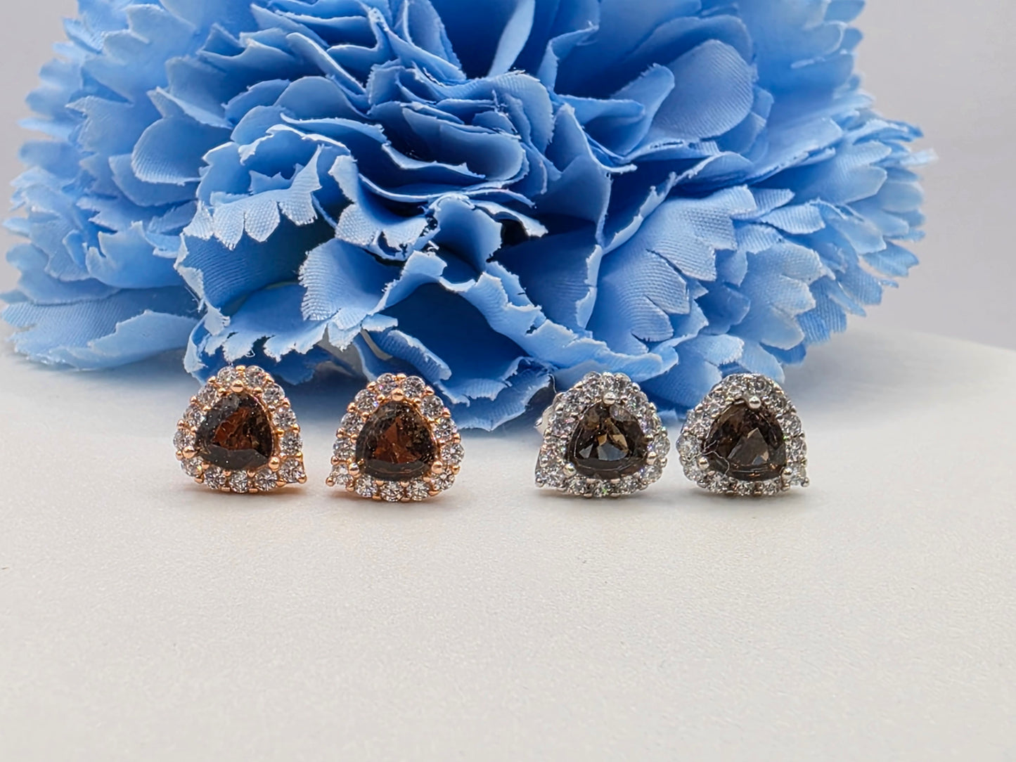 Trillion Smokey Quartz Halo Stud
