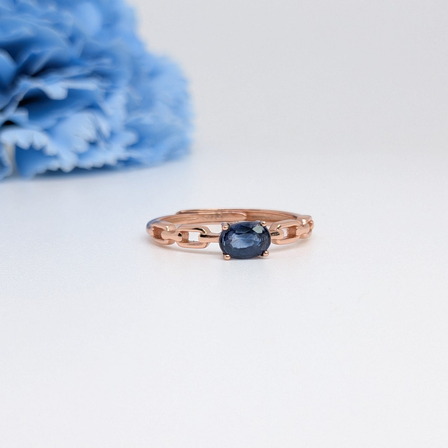 Natural Heated Oval Blue Sapphire S925 Demi Fine Rose Gold Adjustable Ring - Chain