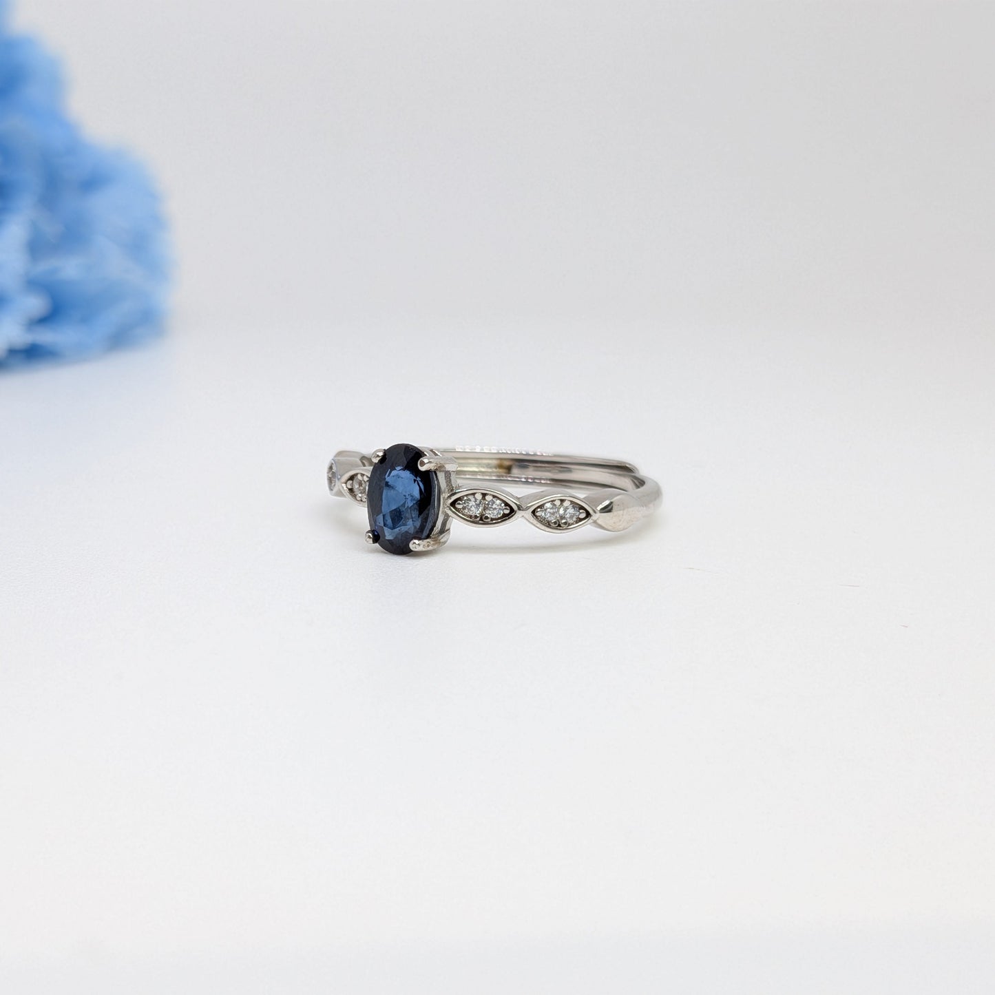 Natural Heated Oval Blue Sapphire S925 Demi Fine White Gold Adjustable Ring - Marquise