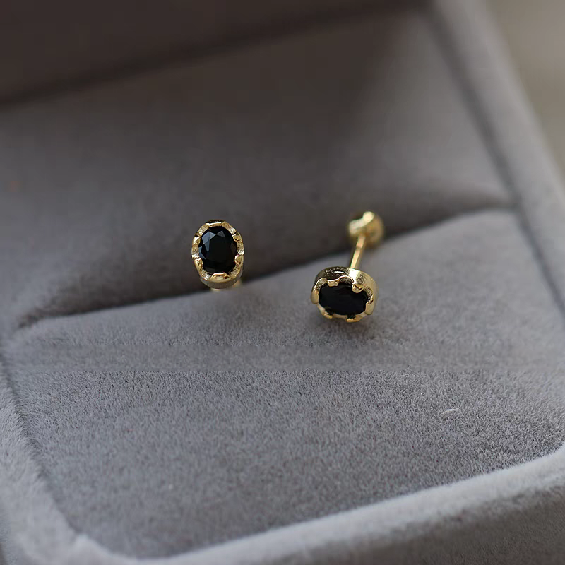 Natural Jet Black Oval Spinel Screwback Vintage Studs in S925