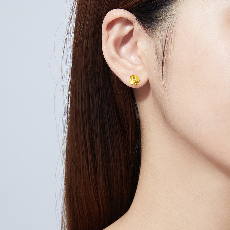 24K Pure Yellow Gold Four Leaf Clover Studs