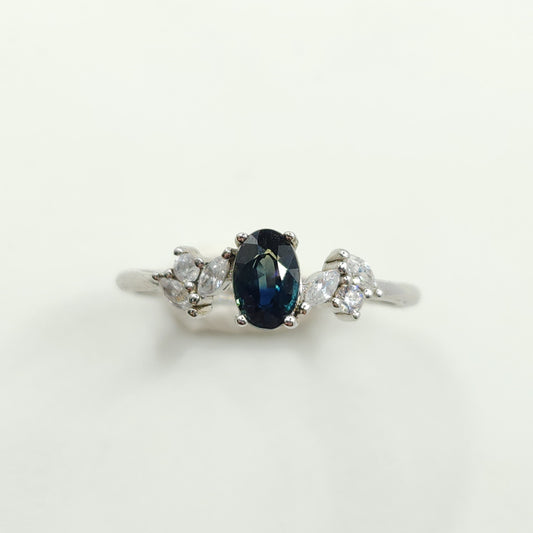 Teal Blue Sapphire Ring White Gold S925