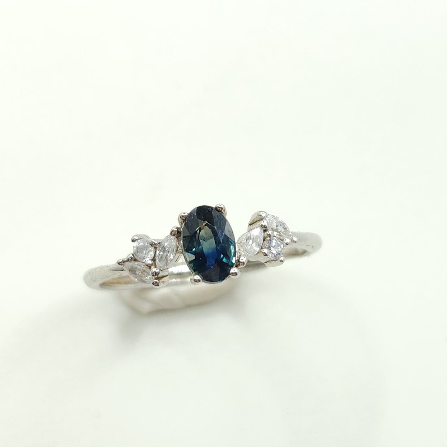 Teal Blue Sapphire Ring White Gold S925