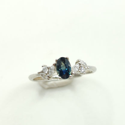 Teal Blue Sapphire Ring White Gold S925