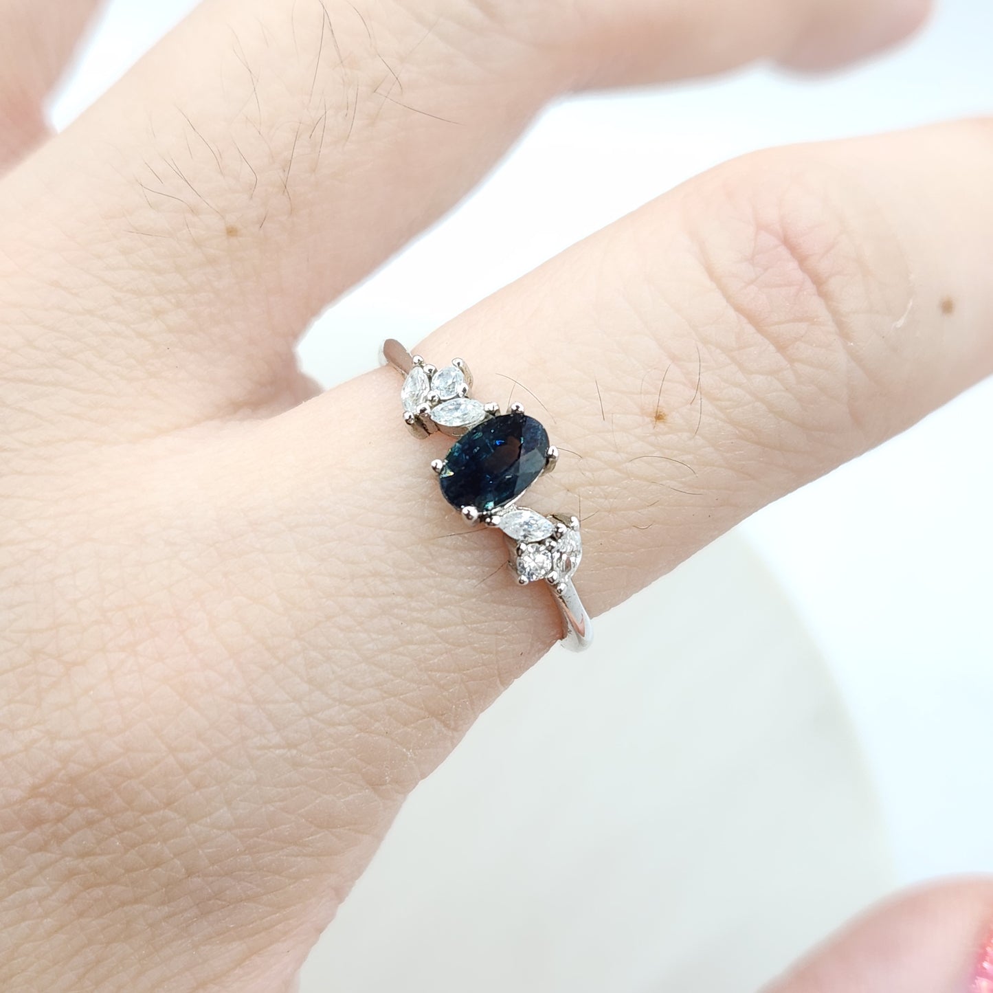 Teal Blue Sapphire Ring White Gold S925