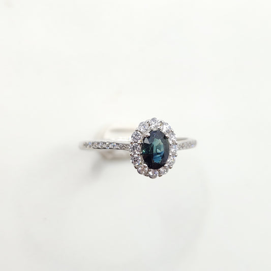 Teal Sapphire Halo Ring White Gold S925