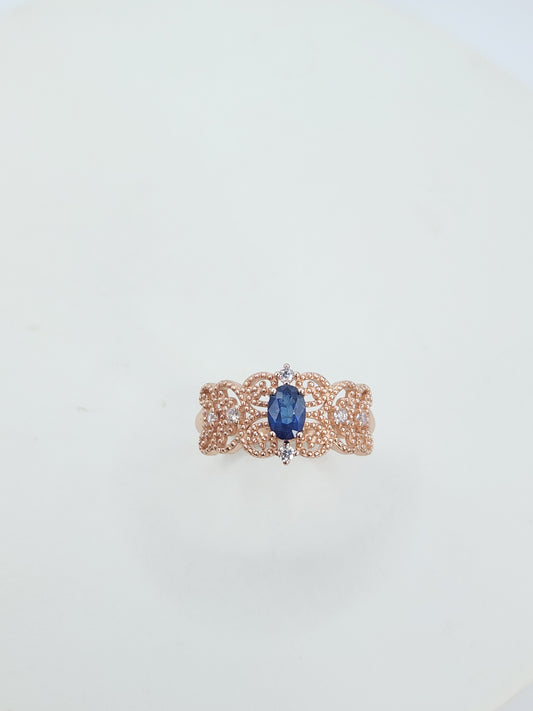 Natural Oval Blue Sapphire (Heated) Vintage Statement Ring in Rose Gold Vermeil
