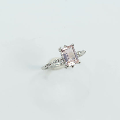 Natural Emerald Cut Morganite Gemstone S925 Sterling Silver Ring