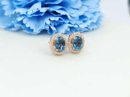 London Blue Topaz Halo Stud-Rose Gold S925