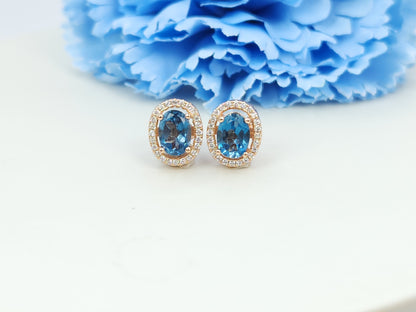 London Blue Topaz Halo Stud-Rose Gold S925