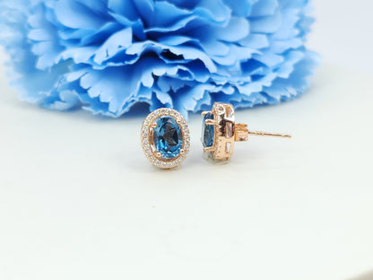 London Blue Topaz Halo Stud-Rose Gold S925
