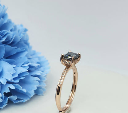 Emerald Cut Grey Moissanite-Rose Gold Paved