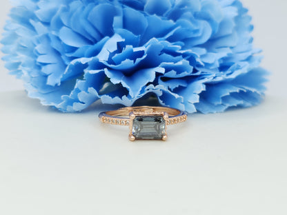 Emerald Cut Grey Moissanite-Rose Gold Paved
