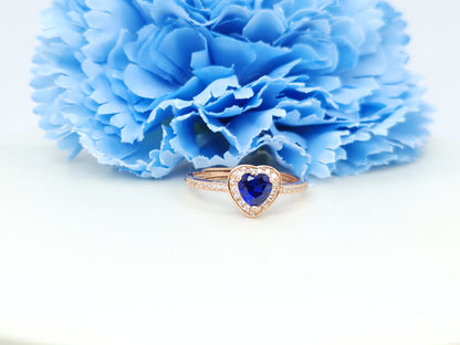Sapphire Heart Halo Paved Ring