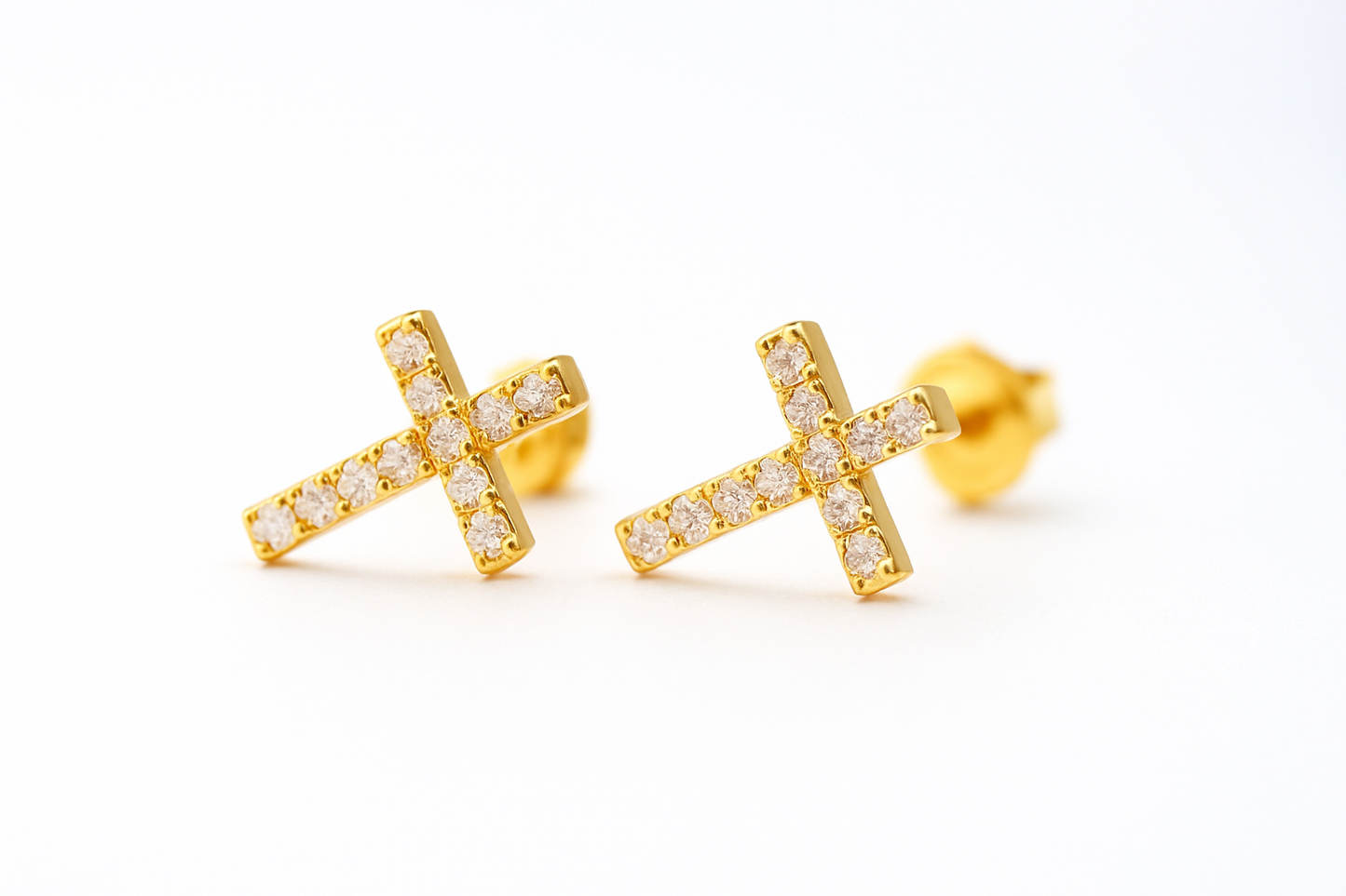 Petite Dainty Diamond Cross Ear Studs in Solid K Gold