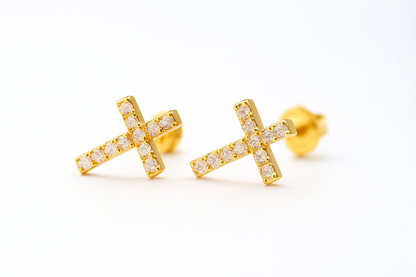 Petite Dainty Diamond Cross Ear Studs in Solid K Gold